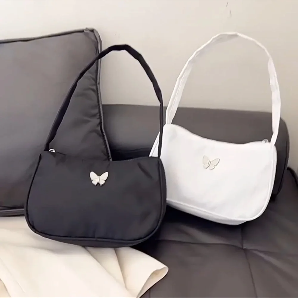 Butterfly Charm Nylon Shoulder Bag Purse in White | NWT
